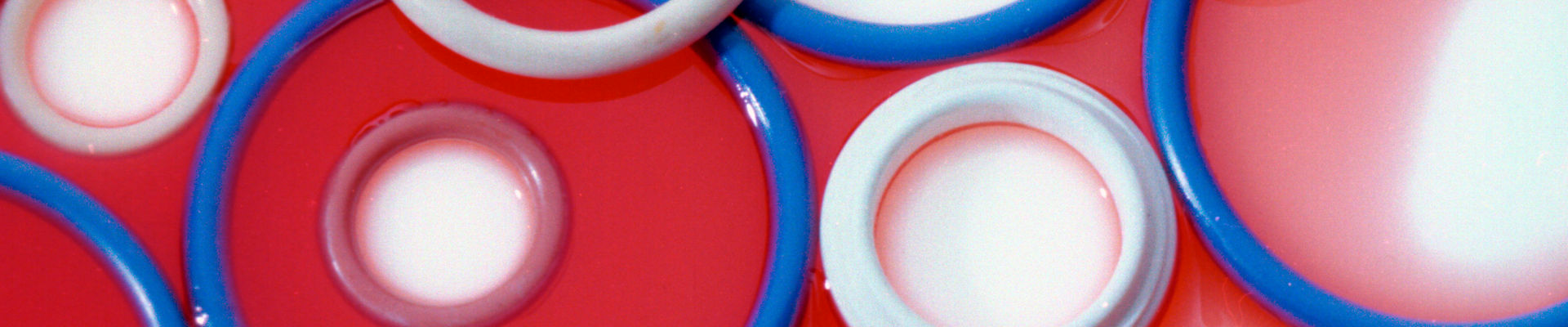 Various colored O-rings molded from fluorosilicone rubber.