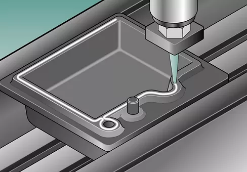 Illustration of automated dispensing of an adhesive bead for a lid seal application for electronics, common to automotive electronics / module