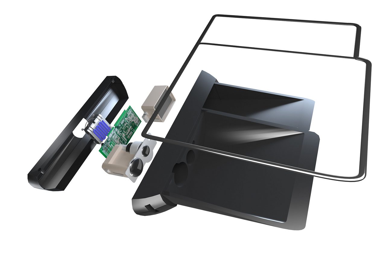 Exploded view of an automotive display. This image is similar to AV25435 but has no transparent gel.