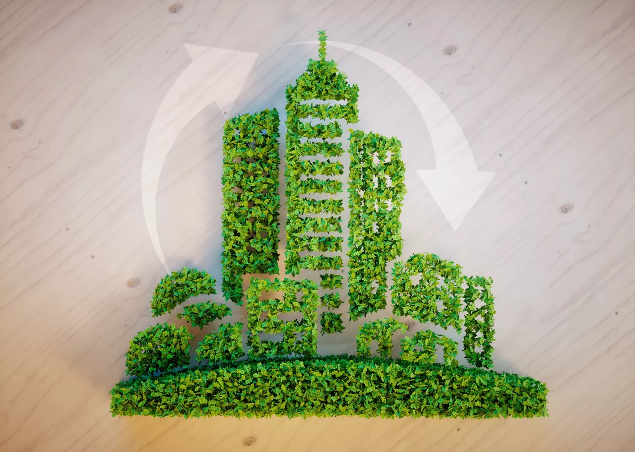 Concept of a green city on a wood background. / Shutterstock Image #362808269