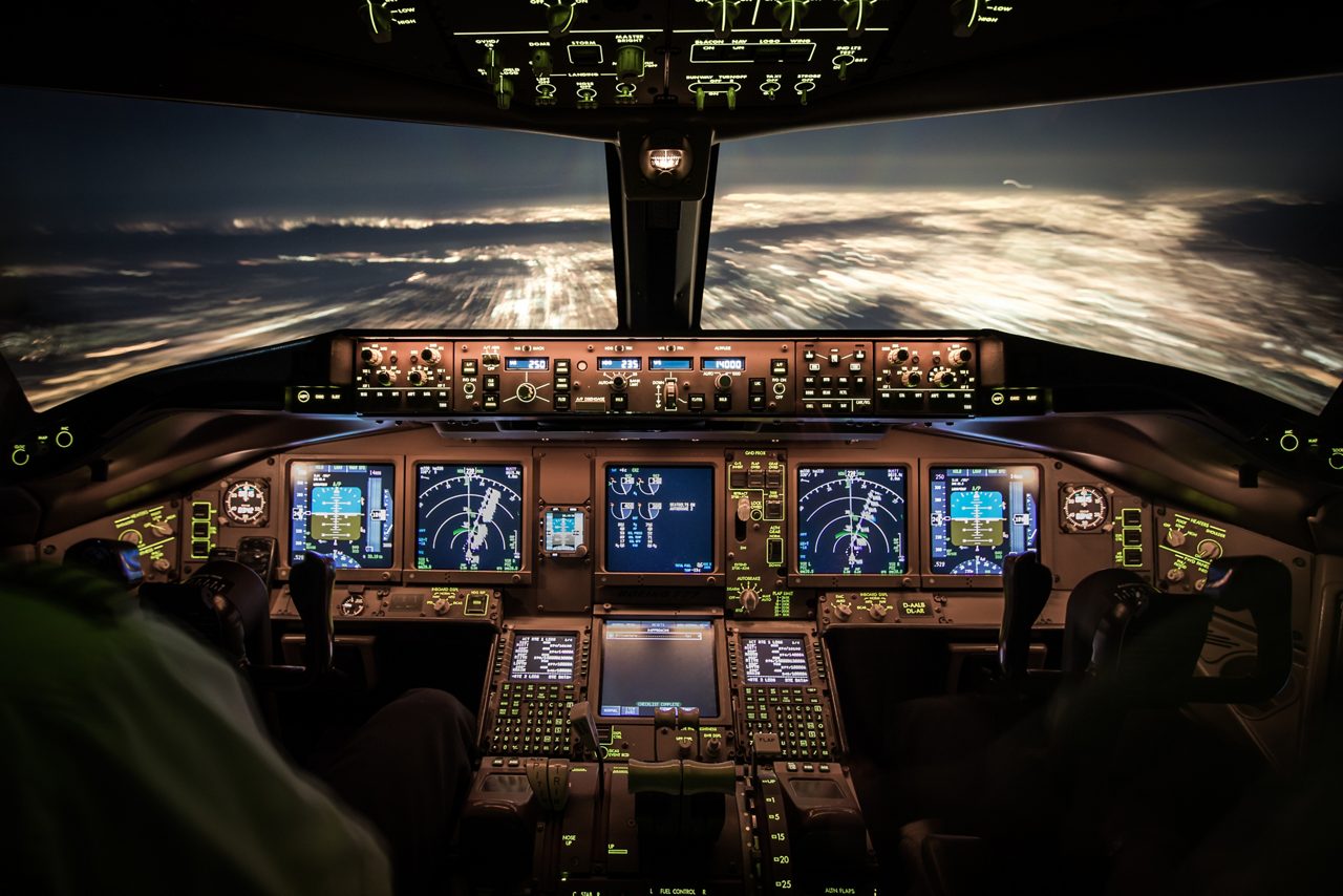 Airplane cockpit at night
