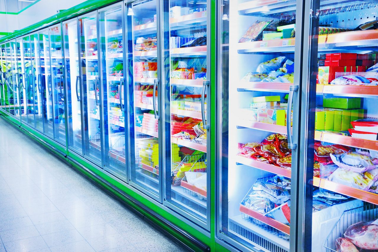 Supermarket aisle of refrigerated products