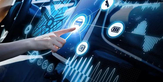 Futuristic vehicle with hand using graphical user interface(GUI) selecting car icon