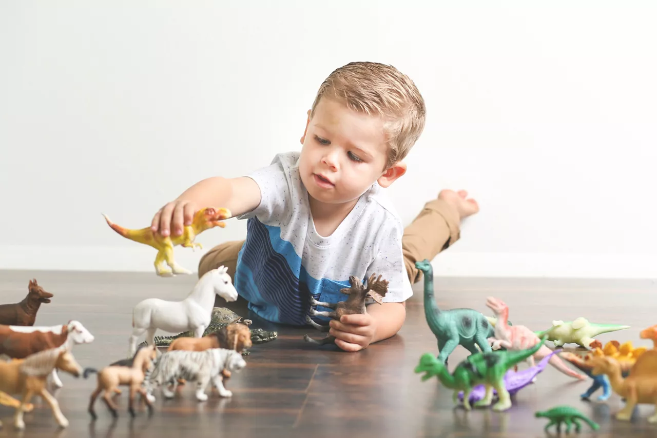 Little boy playing with plastic dinosaur and animal toys on a wood floor 