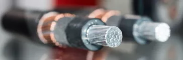 Cross section of high-voltage cable. Thick aluminum wires surrounded by a layer of polymer insulation.