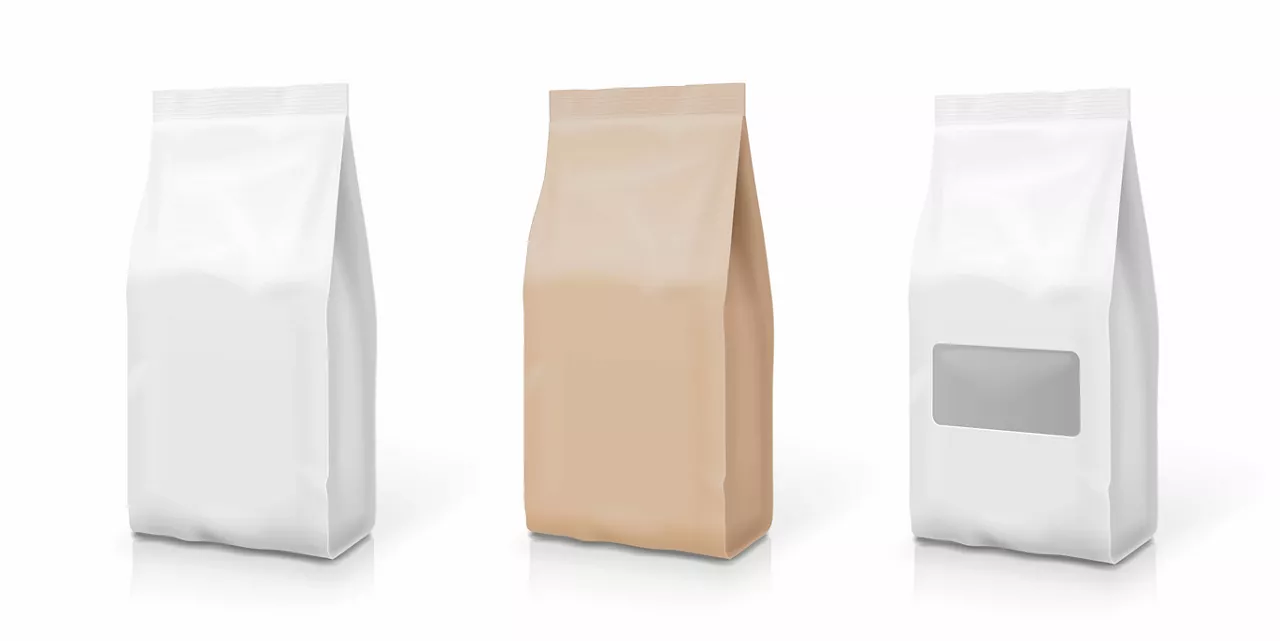 White foil or paper snack bag set. Packaging in food.