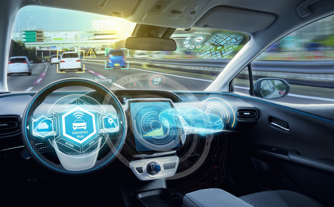 Empty cockpit of autonomous car, HUD(Head Up Display) and digital speedometer