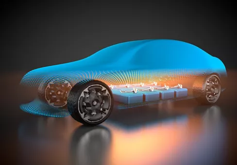 Body of an electric car with a view of the battery isolated on a black background with a reflection.