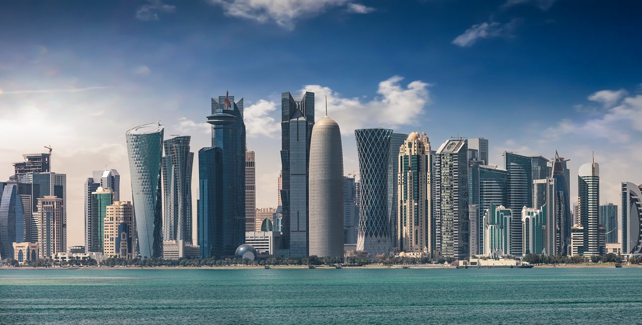 The bay and skyline of Doha, Qatar, on a sunny afternoon