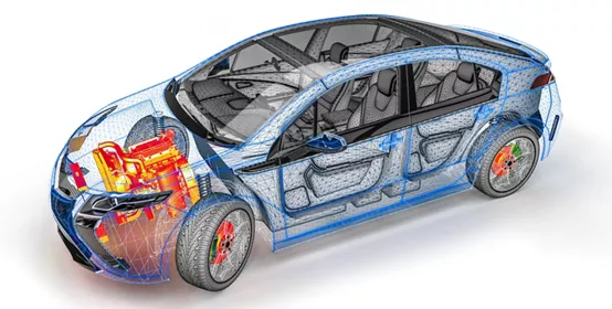 Engine scan in an wire frame car/3D render representing a scan of a car with an the engine in thermal color