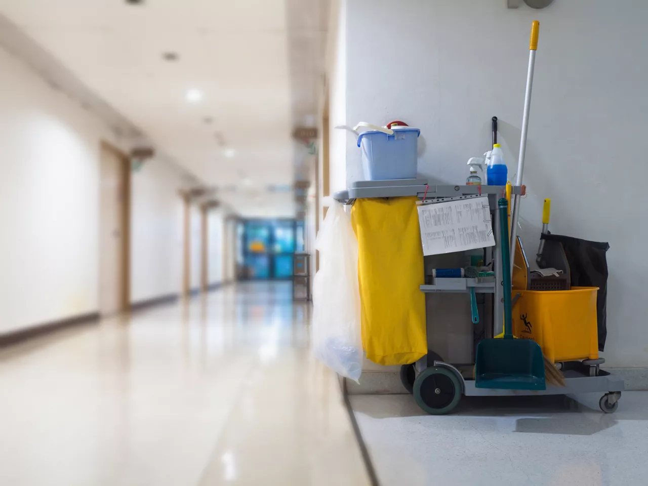Cleaning tools cart in a hospital hallway