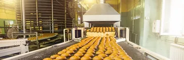 Cakes on automatic conveyor belt or line, process of baking in confectionery culinary factory or plant. Food industry, cookie and other sweet breadstuff production. Close up