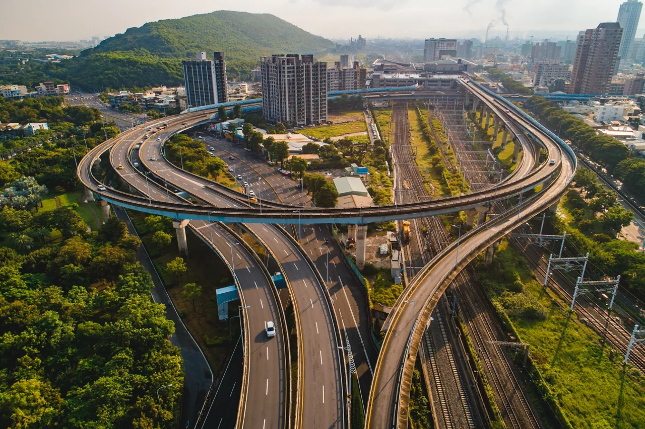 Aerial landscape photograph of highway cloverleaf