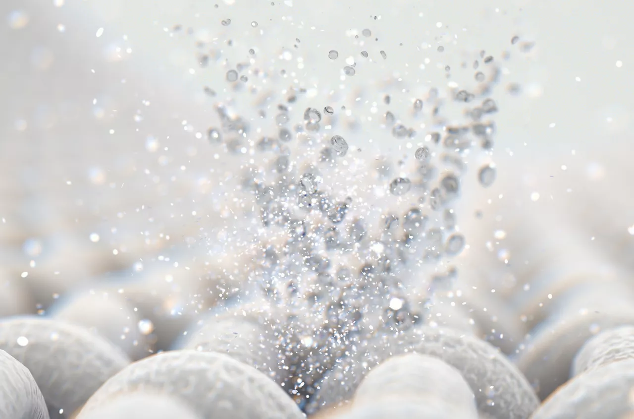 A microscopic close up view of a simple woven textile and water bubbles  - 3D render