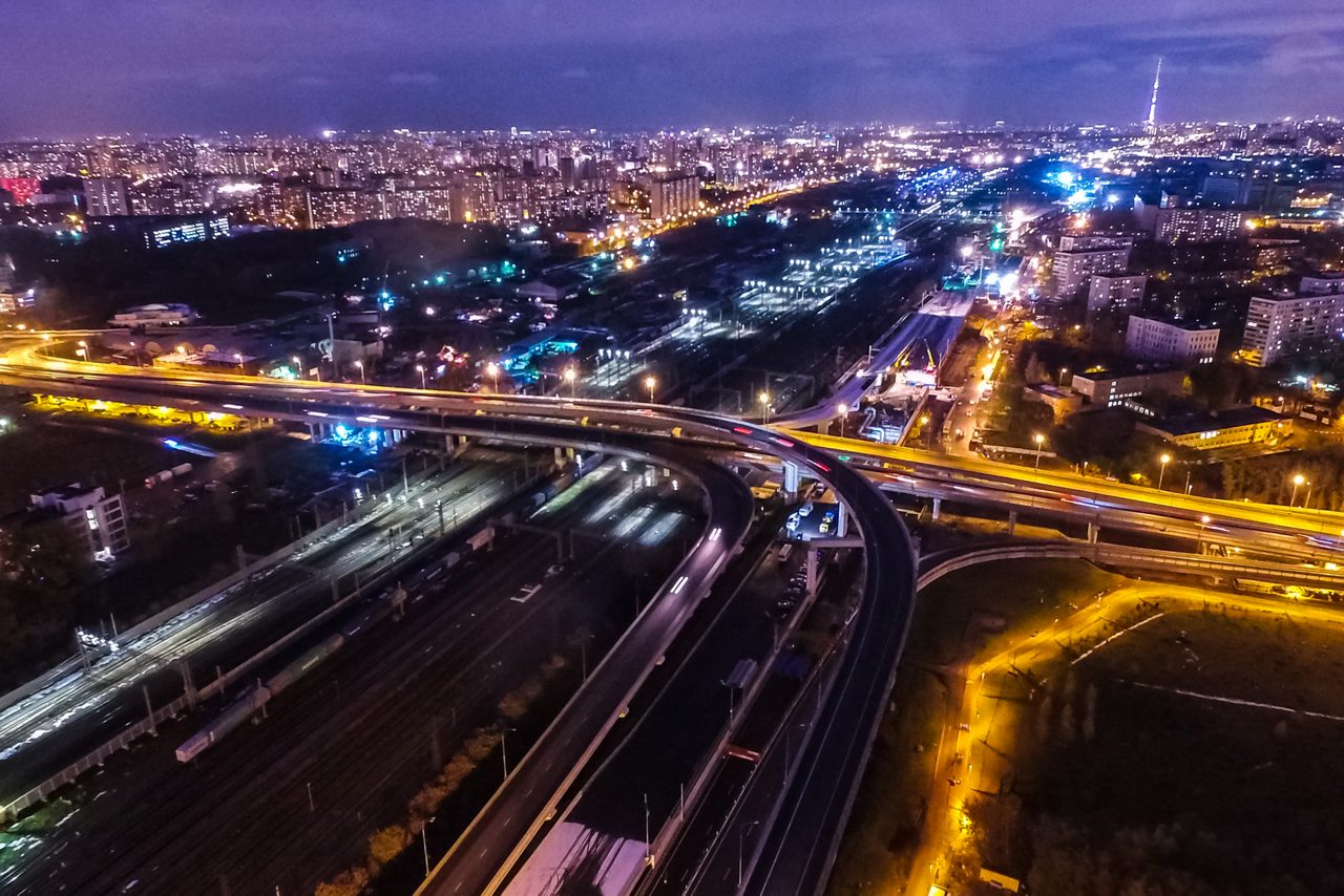 Top view of the city of Moscow, Night Moscow, the lights of the night city.