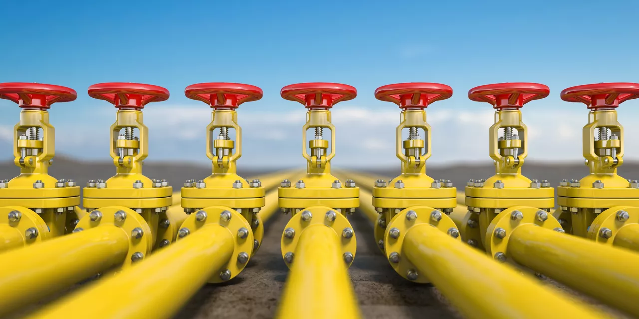 Yellow gas pipe line valves. Oil and gas extraction, production  and transportation industrial background. 3d illustration