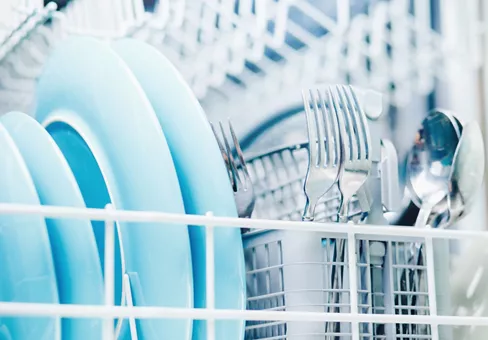  Large and small plates, forks, spoons in open dishwasher 