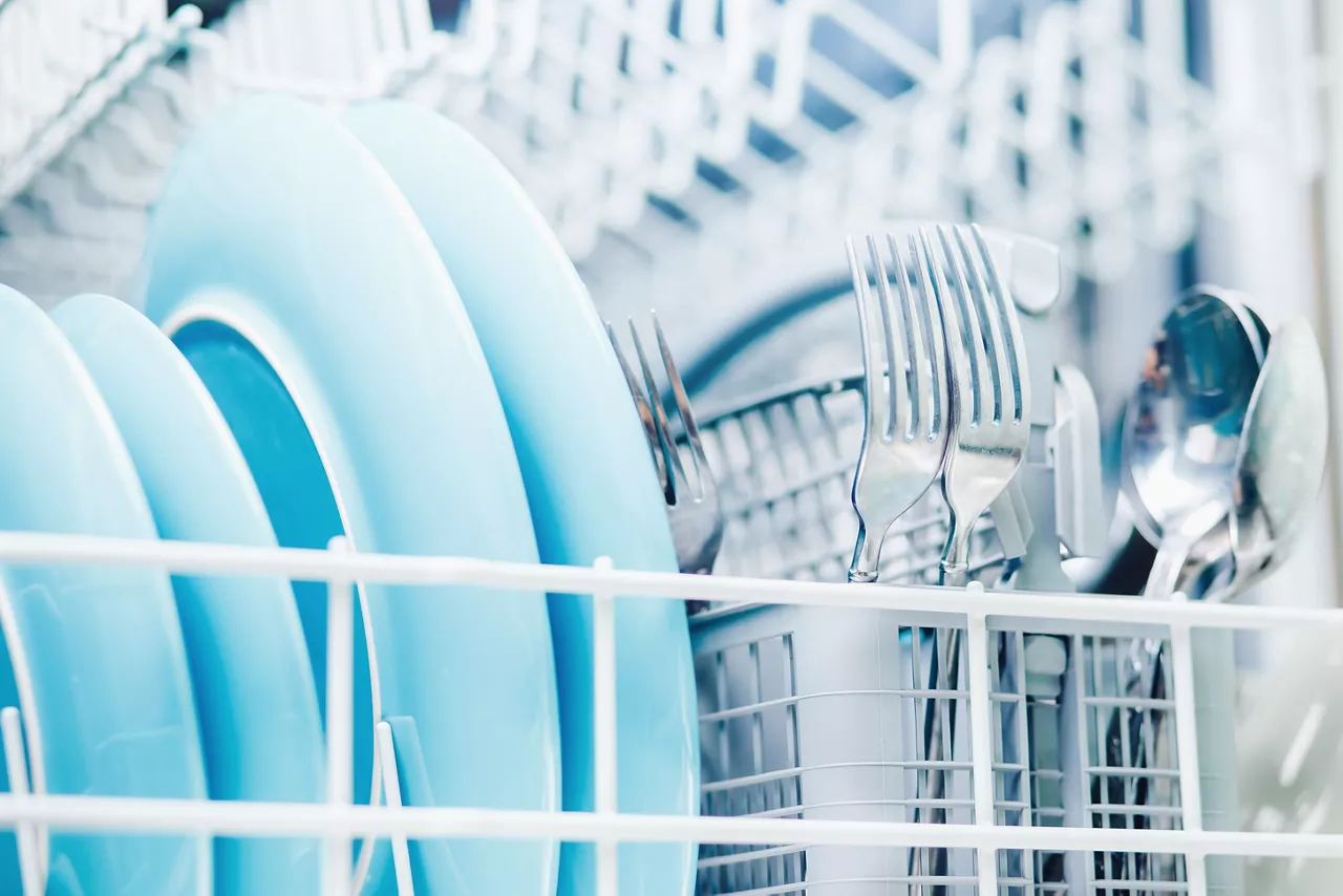 Large and small plates, forks, spoons in open dishwasher.