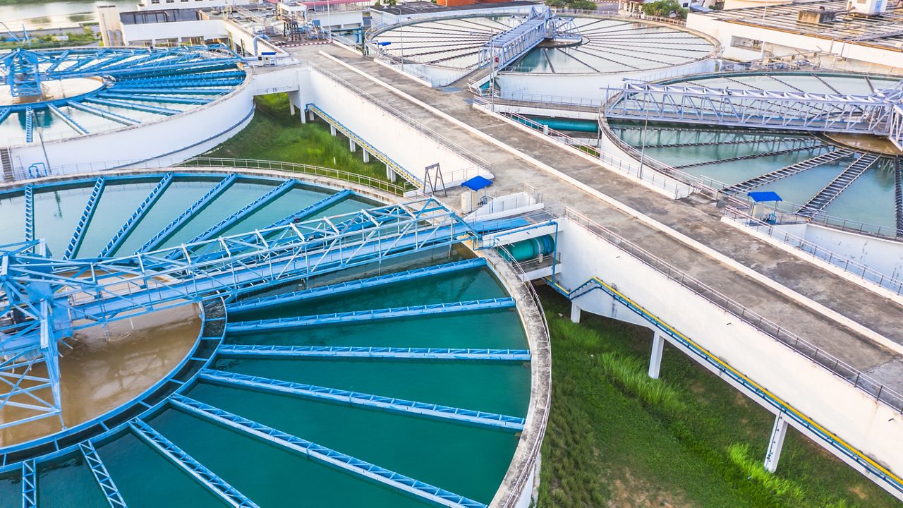Aerial view recirculation solid contact clarifier sedimentation tank, Water treatment solution, Industrial water treatmentâ  .