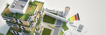 3D rendering of a Sustainable building architecture model with blueprints, energy efficiency chart and other documents