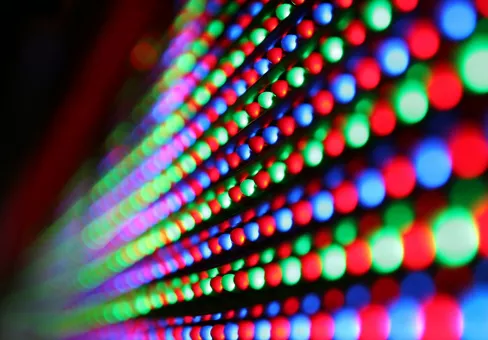 Close-up of colorful led screen with green, red and blue lights