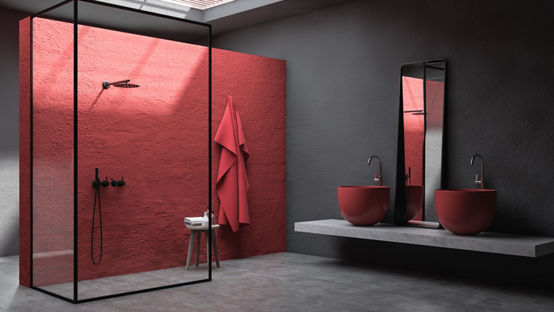 Baño/área de baño con paredes negras y azulejos de ducha rojos