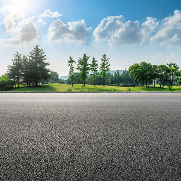 Country asphalt road and green woods nature landscape in summer.