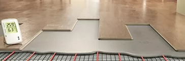 Process of laying laminate panels on floor with underfloor heating, 3d illustration