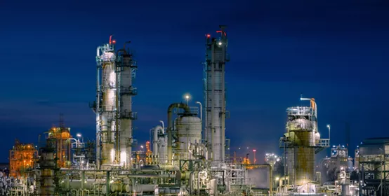 Gas storage sphere tanks in petrochemical plant with twilight sky background, Glitter lighting of industrial plant, Manufacturing of vinyl chloride monomer plant
