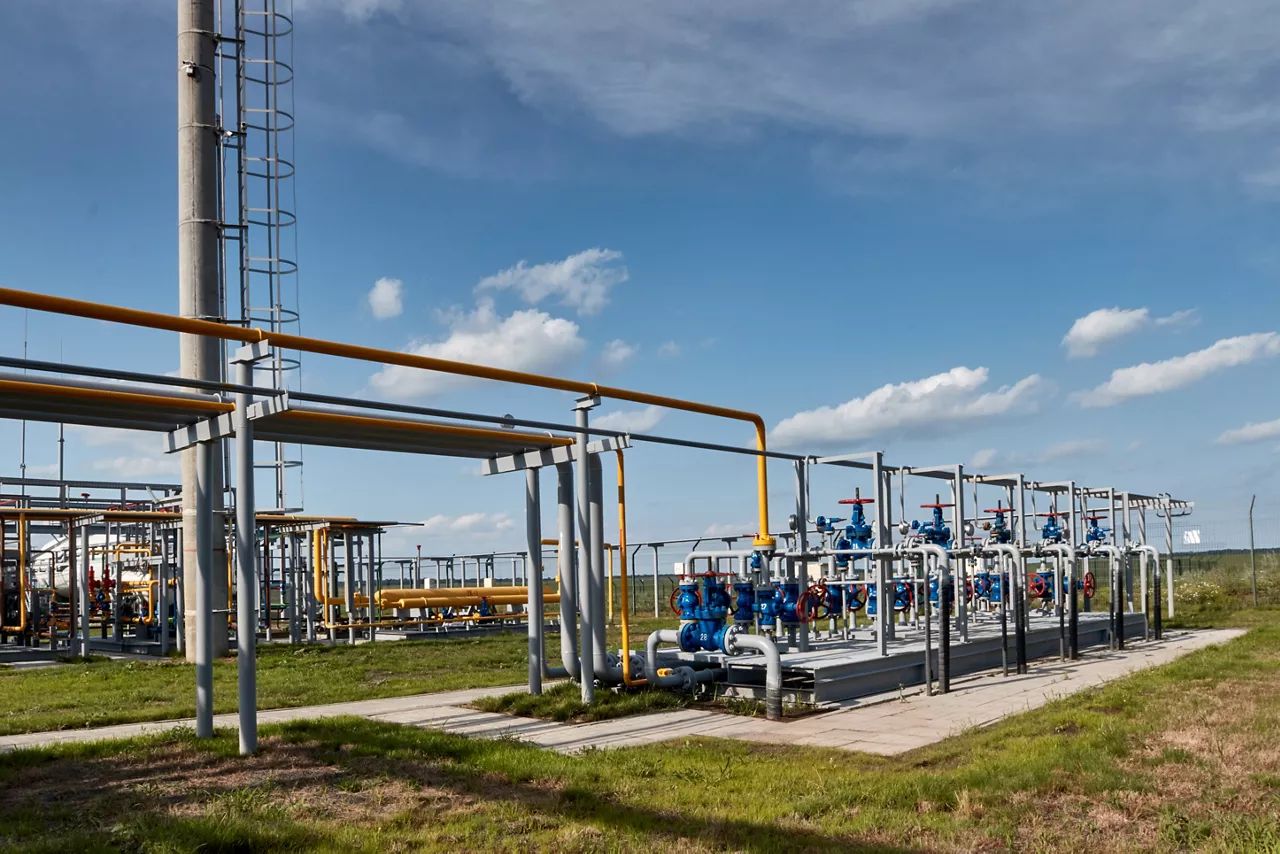 Gas industry, gas transport system. Gas pipeline. Gas pipes, stop valves and appliances for gas pumping station