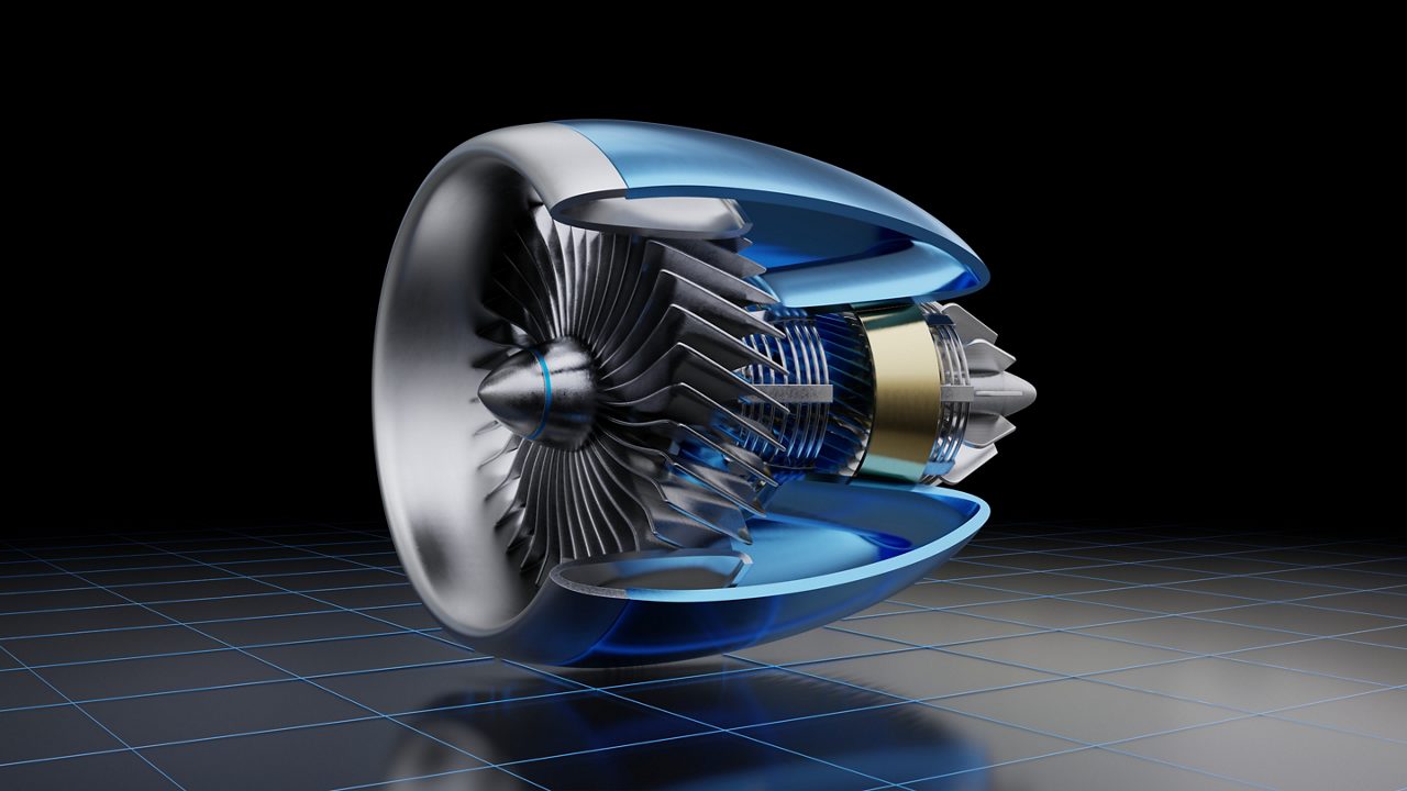Jet engine inside on dark background,3D rendering.