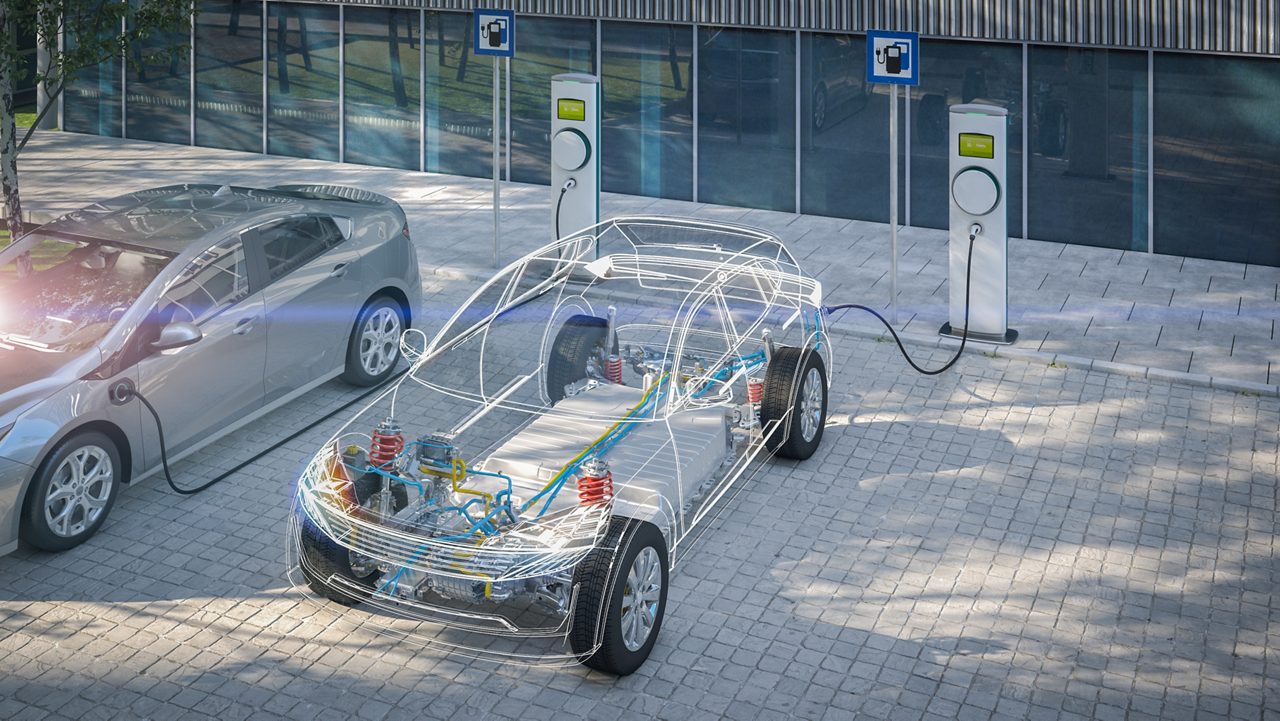 See through electric vehicle attached to electric charger