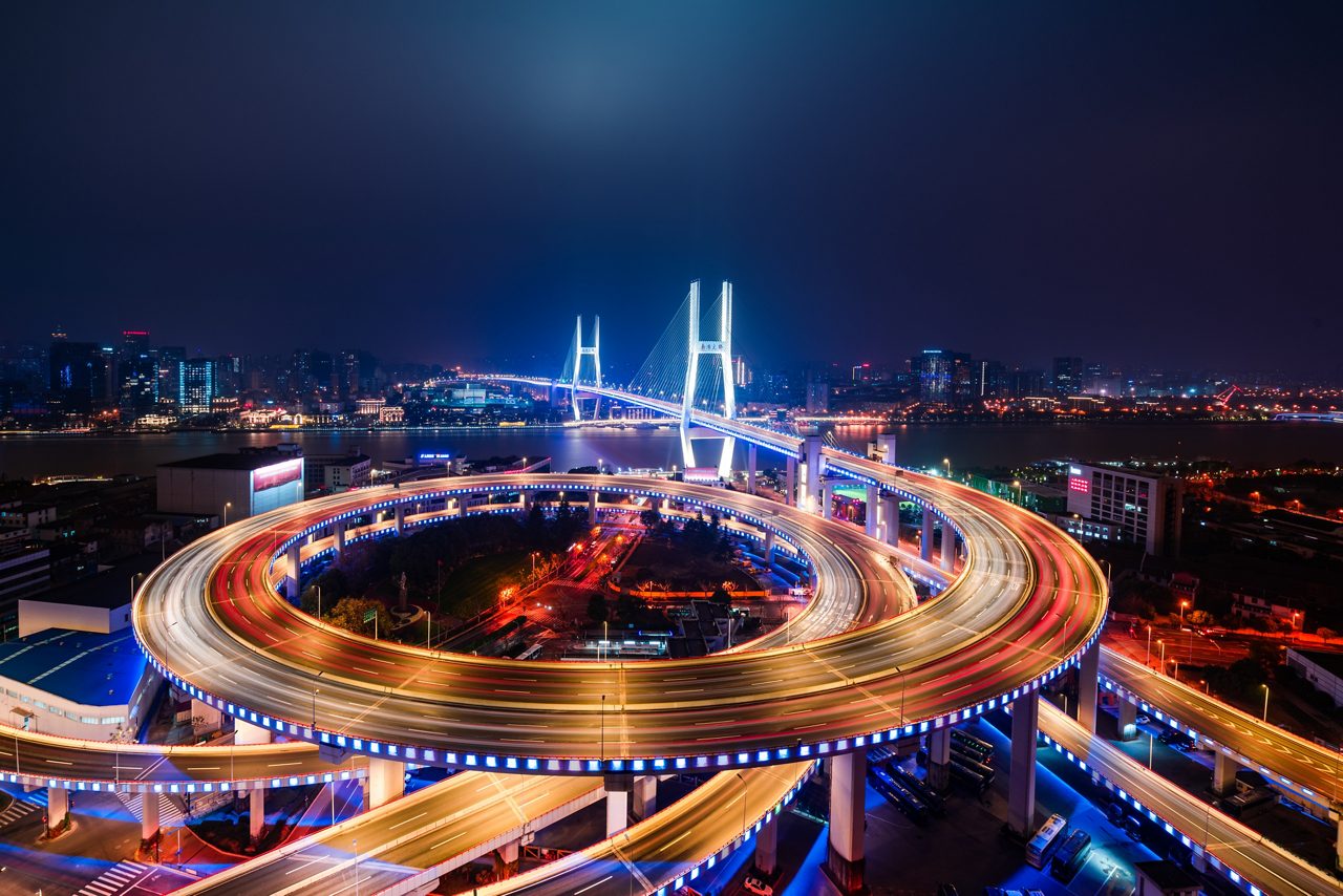Aerial view of Nanpu Bridge, Shanghai Downtown, China