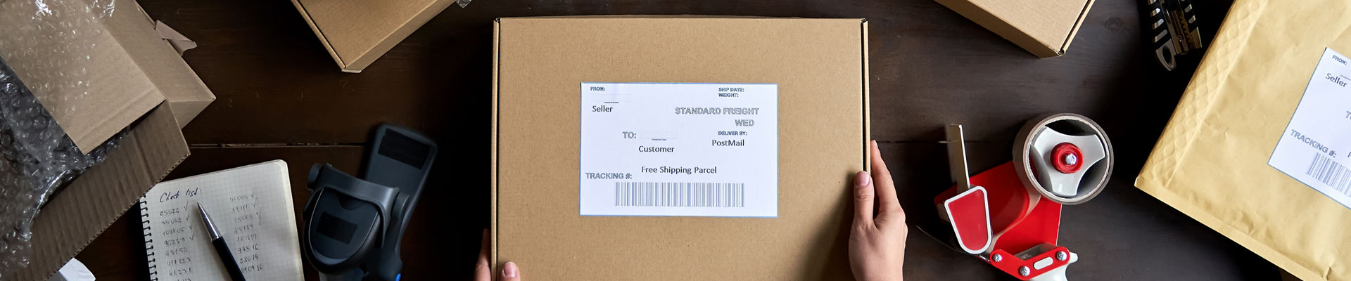 Person packing ecommerce shipping order package.