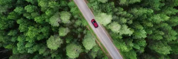 Areal view of car driving through forest 