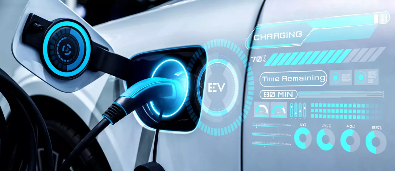 EV charging station for electric car in concept of alternative green energy produced from sustainable resources to supply to charger station in order to reduce CO2 emission.