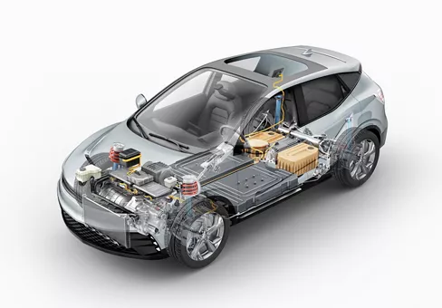 Electric generic car technical cutaway 3d rendering with all main details of EV system in ghost effect.