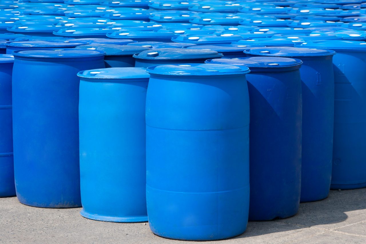 Chemical Plant, Plastic Storage Drums, Blue Barrels