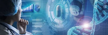 Doctor analysing medication on holographic interface