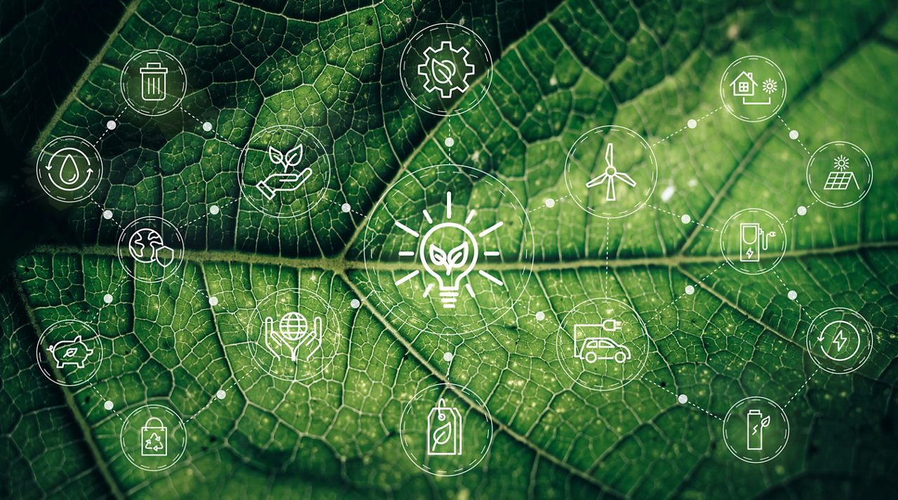 Sustainable Business Icons Over Green Leaf Background 