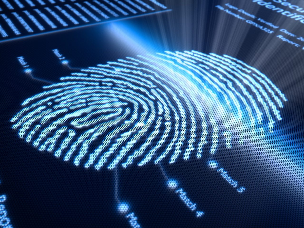 Fingerprint scanning technology on pixellated screen - 3d rendered with slight DOF