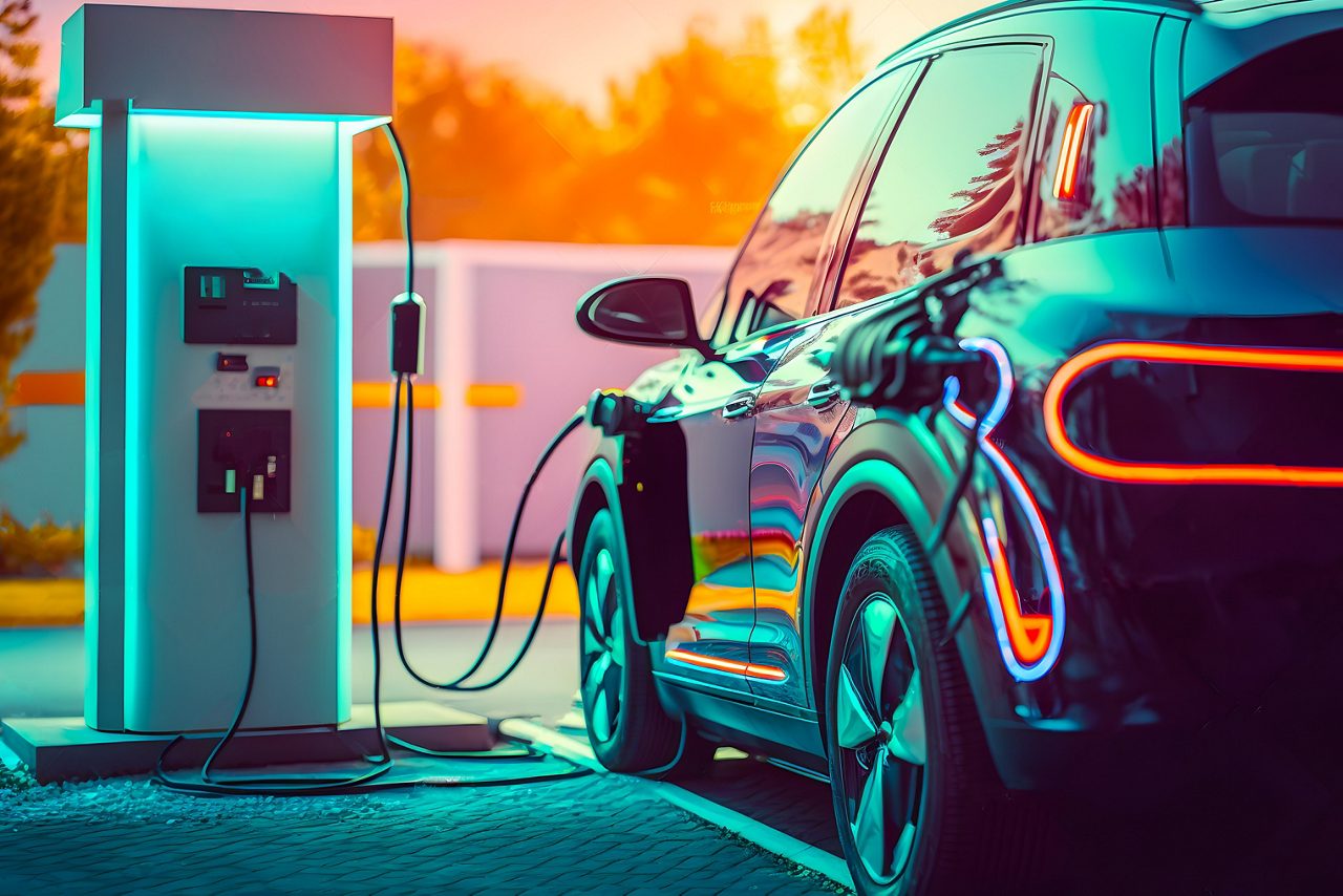 Electric car parked and charging at a charging point