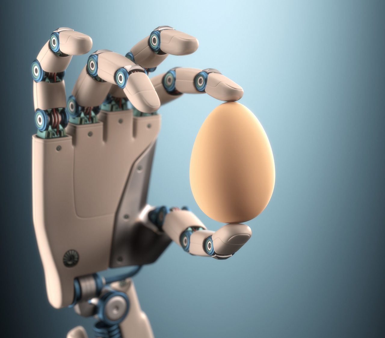 Mão de robô segurando um ovo de galinha