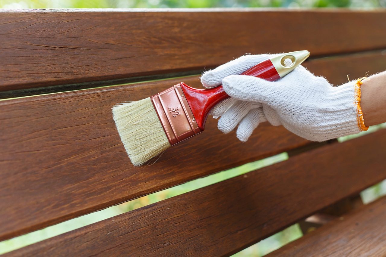 Hand holding brush and paint timber