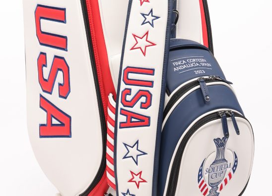 Close-up of golf bag with Solheim Cup’s logo