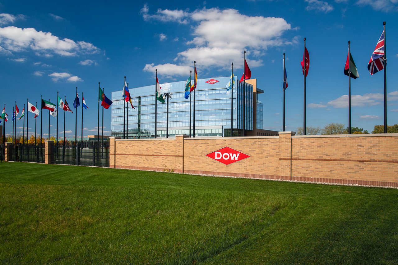Global Dow Center in Midland, Michigan. Dow fence and flags in front of the Global Dow Center in Midland, Michigan.
