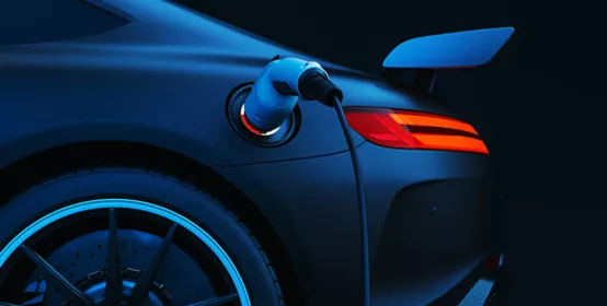 EV Electric car silhouette with low battery charging at electric charge station. 3d render and illustration.