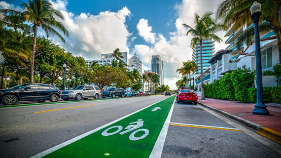 Green bike lane in world famous Miami Beach. Southern Florida, USA