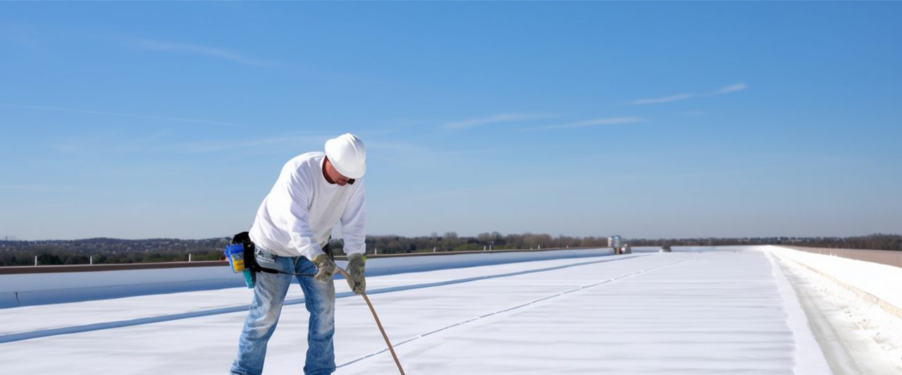 Worker applies an insulation coating on the concrete surface of a rooftop. Repairman fixing a leaking roof or deck by applying waterproofing solution.