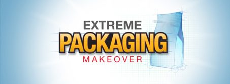 청사진처럼 보이는 스탠드업 파우치와 Extreme Packaging Makeover라는 단어가 있는 그래픽